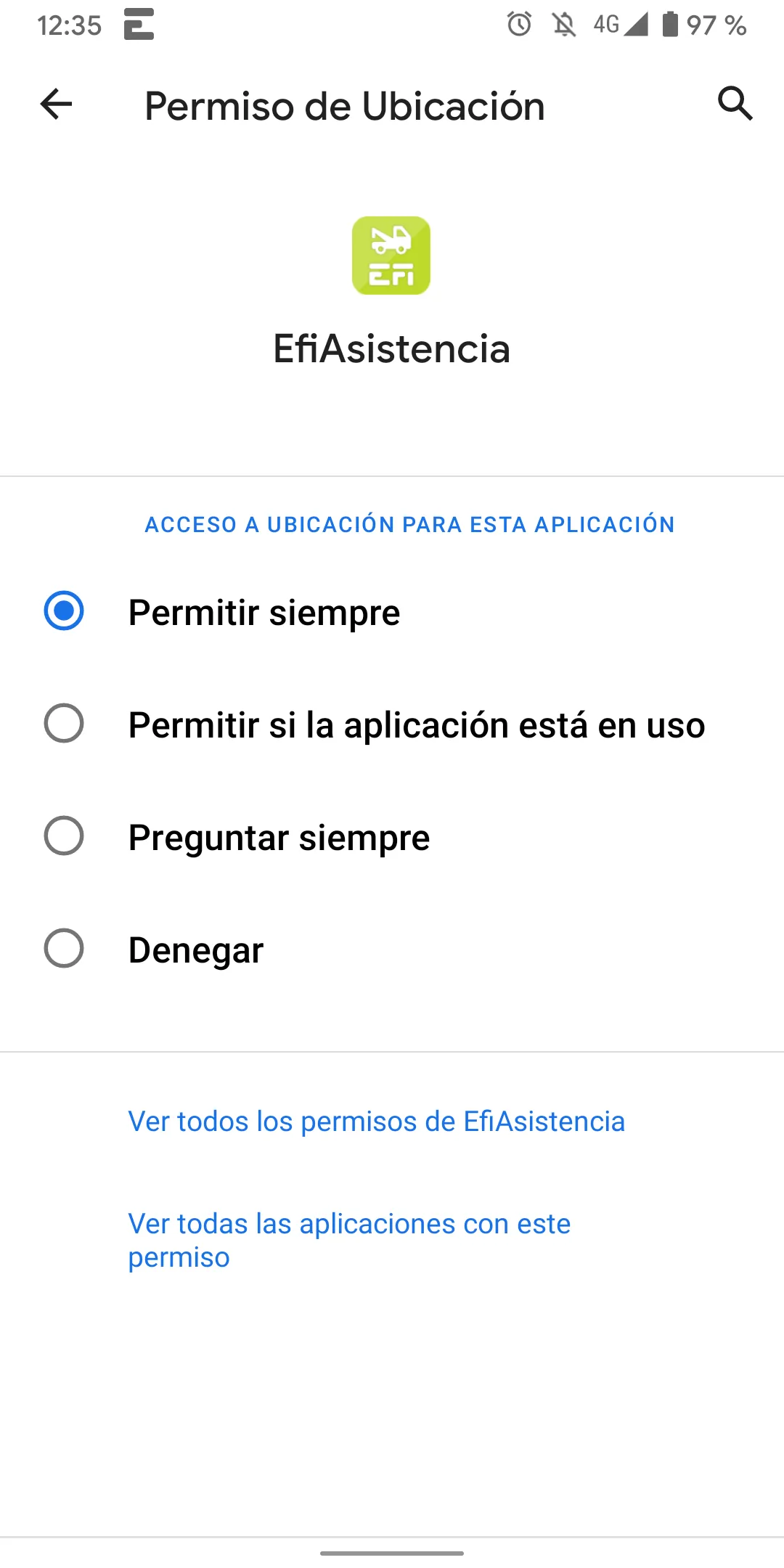 Opciones de permisos de ubicación de la app
